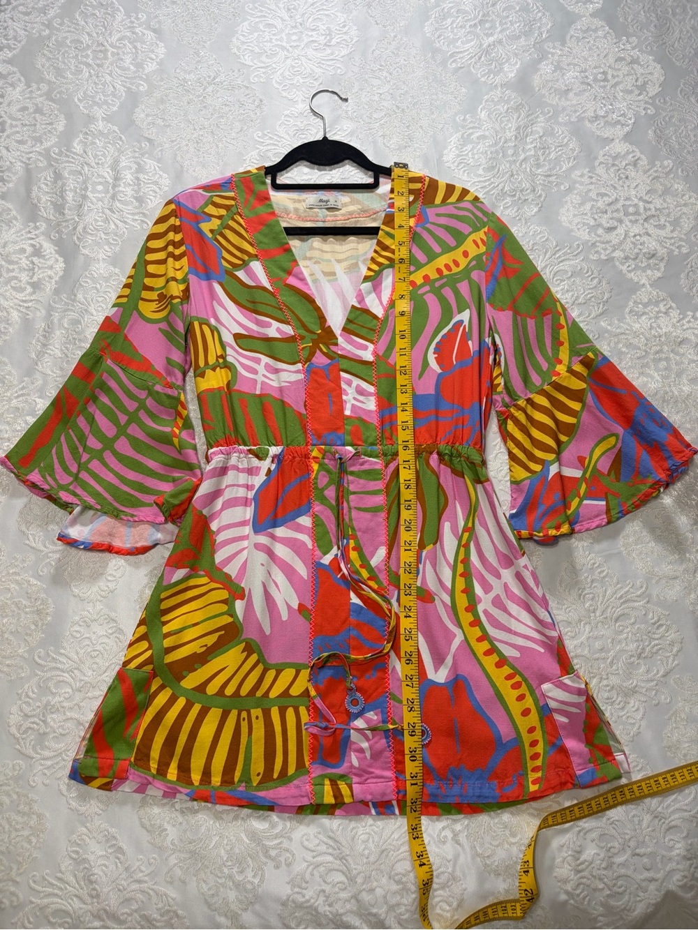 Maaji Joy Caftan Mini Dress Swim Cover Tropical Print Bell Sleeve Size Medium - Picture 9 of 11